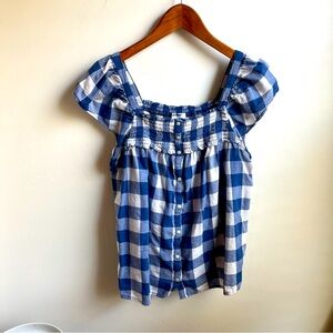 Old Navy Blue & White Checkered Cottage Core Top Sz M EUC